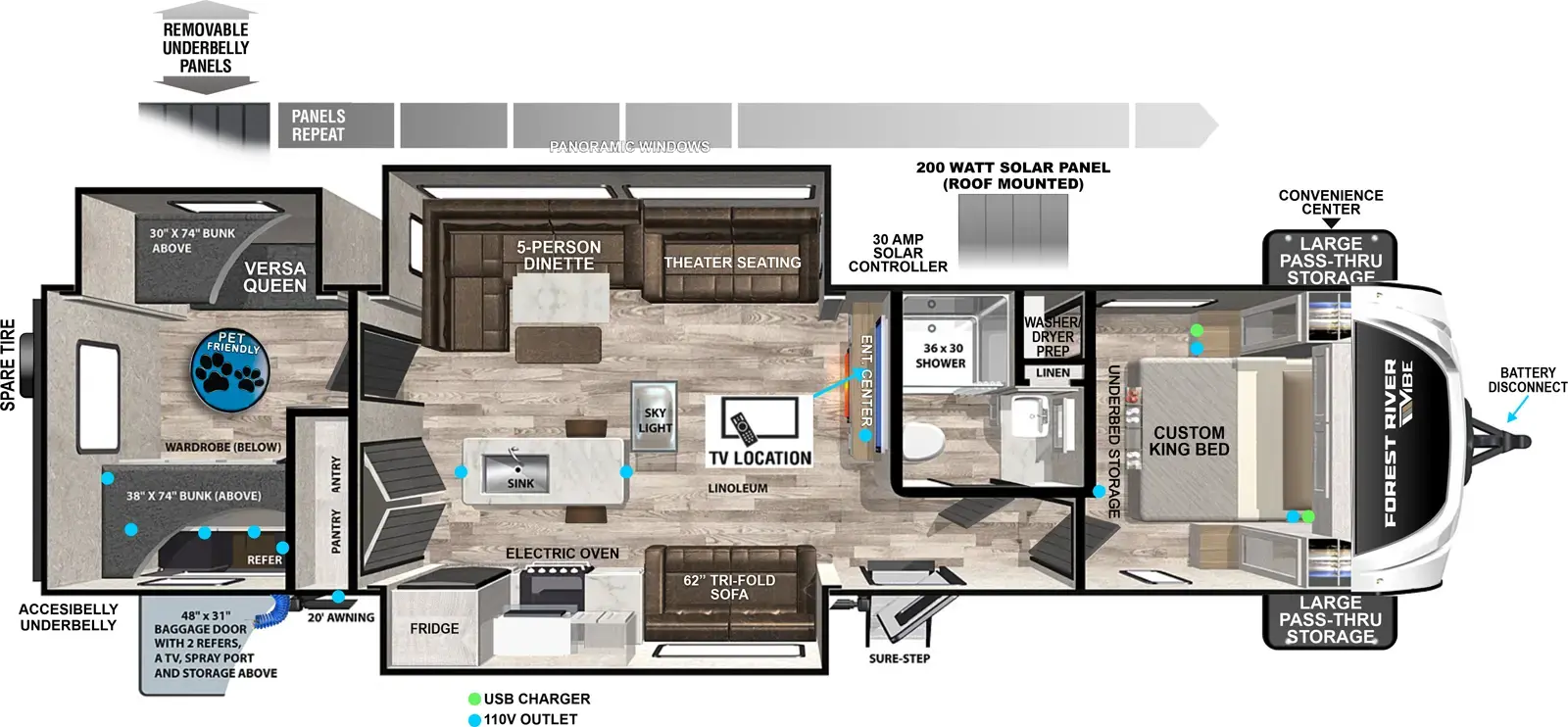 The Vibe 3400BH floorplan has one entry and three slide outs. Exterior features include: fiberglass exterior, 20' awning and outside kitchen. Interiors features include: bunk beds, kitchen island and front bedroom.